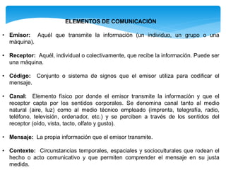 ELEMENTOS DE COMUNICACIÓN
• Emisor: Aquél que transmite la información (un individuo, un grupo o una
máquina).
• Receptor: Aquél, individual o colectivamente, que recibe la información. Puede ser
una máquina.
• Código: Conjunto o sistema de signos que el emisor utiliza para codificar el
mensaje.
• Canal: Elemento físico por donde el emisor transmite la información y que el
receptor capta por los sentidos corporales. Se denomina canal tanto al medio
natural (aire, luz) como al medio técnico empleado (imprenta, telegrafía, radio,
teléfono, televisión, ordenador, etc.) y se perciben a través de los sentidos del
receptor (oído, vista, tacto, olfato y gusto).
• Mensaje: La propia información que el emisor transmite.
• Contexto: Circunstancias temporales, espaciales y socioculturales que rodean el
hecho o acto comunicativo y que permiten comprender el mensaje en su justa
medida.
 