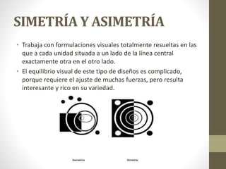 SIMETRÍA Y ASIMETRÍA
• Trabaja con formulaciones visuales totalmente resueltas en las
que a cada unidad situada a un lado de la línea central
exactamente otra en el otro lado.
• El equilibrio visual de este tipo de diseños es complicado,
porque requiere el ajuste de muchas fuerzas, pero resulta
interesante y rico en su variedad.
 