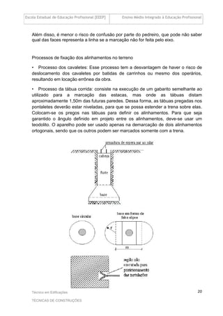 Escola Estadual de Educação Profissional [EEEP] Ensino Médio Integrado à Educação Profissional
Técnico em Edificações
TÉCNICAS DE CONSTRUÇÕES
20
Além disso, é menor o risco de confusão por parte do pedreiro, que pode não saber
qual das faces representa a linha se a marcação não for feita pelo eixo.
Processos de fixação dos alinhamentos no terreno
• Processo dos cavaletes: Esse processo tem a desvantagem de haver o risco de
deslocamento dos cavaletes por batidas de carrinhos ou mesmo dos operários,
resultando em locação errônea da obra.
• Processo da tábua corrida: consiste na execução de um gabarito semelhante ao
utilizado para a marcação das estacas, mas onde as tábuas distam
aproximadamente 1,50m das futuras paredes. Dessa forma, as tábuas pregadas nos
pontaletes deverão estar niveladas, para que se possa estender a trena sobre elas.
Colocam-se os pregos nas tábuas para definir os alinhamentos. Para que seja
garantido o ângulo definido em projeto entre os alinhamentos, deve-se usar um
teodolito. O aparelho pode ser usado apenas na demarcação de dois alinhamentos
ortogonais, sendo que os outros podem ser marcados somente com a trena.
 