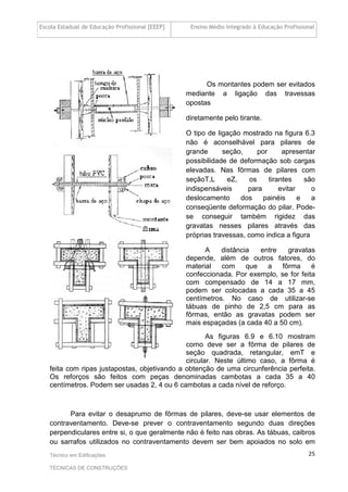 Escola Estadual de Educação Profissional [EEEP] Ensino Médio Integrado à Educação Profissional
Técnico em Edificações
TÉCNICAS DE CONSTRUÇÕES
25
Os montantes podem ser evitados
mediante a ligação das travessas
opostas
diretamente pelo tirante.
O tipo de ligação mostrado na figura 6.3
não é aconselhável para pilares de
grande seção, por apresentar
possibilidade de deformação sob cargas
elevadas. Nas fôrmas de pilares com
seçãoT,L eZ, os tirantes são
indispensáveis para evitar o
deslocamento dos painéis e a
conseqüente deformação do pilar. Pode-
se conseguir também rigidez das
gravatas nesses pilares através das
próprias travessas, como indica a figura
A distância entre gravatas
depende, além de outros fatores, do
material com que a fôrma é
confeccionada. Por exemplo, se for feita
com compensado de 14 a 17 mm,
podem ser colocadas a cada 35 a 45
centímetros. No caso de utilizar-se
tábuas de pinho de 2,5 cm para as
fôrmas, então as gravatas podem ser
mais espaçadas (a cada 40 a 50 cm).
As figuras 6.9 e 6.10 mostram
como deve ser a fôrma de pilares de
seção quadrada, retangular, emT e
circular. Neste último caso, a fôrma é
feita com ripas justapostas, objetivando a obtenção de uma circunferência perfeita.
Os reforços são feitos com peças denominadas cambotas a cada 35 a 40
centímetros. Podem ser usadas 2, 4 ou 6 cambotas a cada nível de reforço.
Para evitar o desaprumo de fôrmas de pilares, deve-se usar elementos de
contraventamento. Deve-se prever o contraventamento segundo duas direções
perpendiculares entre si, o que geralmente não é feito nas obras. As tábuas, caibros
ou sarrafos utilizados no contraventamento devem ser bem apoiados no solo em
 