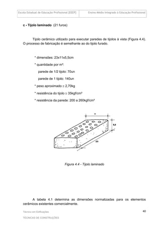 Escola Estadual de Educação Profissional [EEEP] Ensino Médio Integrado à Educação Profissional
Técnico em Edificações
TÉCNICAS DE CONSTRUÇÕES
40
c - Tijolo laminado (21 furos)
Tijolo cerâmico utilizado para executar paredes de tijolos à vista (Figura 4.4).
O processo de fabricação é semelhante ao do tijolo furado.
* dimensões: 23x11x5,5cm
* quantidade por m²:
parede de 1/2 tijolo: 70un
parede de 1 tijolo: 140un
* peso aproximado ≅ 2,70kg
* resistência do tijolo ≅ 35kgf/cm²
* resistência da parede: 200 a 260kgf/cm²
Figura 4.4 - Tijolo laminado
A tabela 4.1 determina as dimensões normalizadas para os elementos
cerâmicos existentes comercialmente.
 