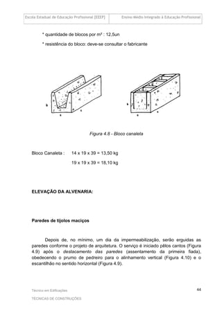 Escola Estadual de Educação Profissional [EEEP] Ensino Médio Integrado à Educação Profissional
Técnico em Edificações
TÉCNICAS DE CONSTRUÇÕES
44
* quantidade de blocos por m² : 12,5un
* resistência do bloco: deve-se consultar o fabricante
Figura 4.8 - Bloco canaleta
Bloco Canaleta : 14 x 19 x 39 = 13,50 kg
19 x 19 x 39 = 18,10 kg
ELEVAÇÃO DA ALVENARIA:
Paredes de tijolos maciços
Depois de, no mínimo, um dia da impermeabilização, serão erguidas as
paredes conforme o projeto de arquitetura. O serviço é iniciado pêlos cantos (Figura
4.9) após o destacamento das paredes (assentamento da primeira fiada),
obedecendo o prumo de pedreiro para o alinhamento vertical (Figura 4.10) e o
escantilhão no sentido horizontal (Figura 4.9).
 