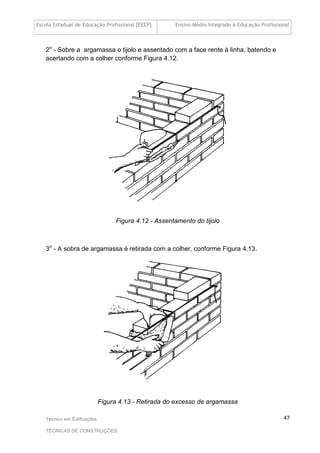 Escola Estadual de Educação Profissional [EEEP] Ensino Médio Integrado à Educação Profissional
Técnico em Edificações
TÉCNICAS DE CONSTRUÇÕES
47
2o
- Sobre a argamassa o tijolo e assentado com a face rente à linha, batendo e
acertando com a colher conforme Figura 4.12.
Figura 4.12 - Assentamento do tijolo
3o
- A sobra de argamassa é retirada com a colher, conforme Figura 4.13.
Figura 4.13 - Retirada do excesso de argamassa
 