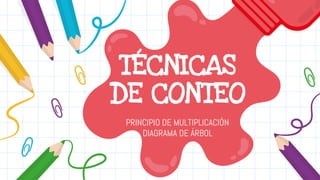 TÉCNICAS
DE CONTEO
PRINCIPIO DE MULTIPLICACIÓN
DIAGRAMA DE ÁRBOL
 