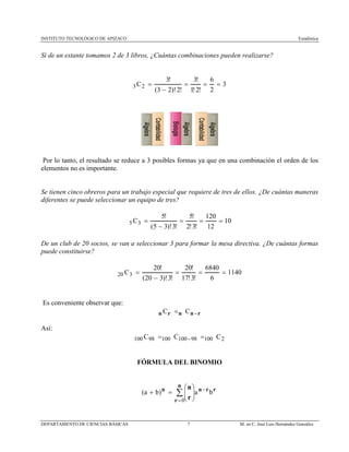 INSTITUTO TECNOLÓGICO DE APIZACO Estadística
DEPARTAMENTO DE CIENCIAS BÁSICAS 7 M. en C. José Luis Hernández González
Si de un estante tomamos 2 de 3 libros, ¿Cuántas combinaciones pueden realizarse?
3
2
6
!2!1
!3
!2)!23(
!3
23 ===
−
=C
Por lo tanto, el resultado se reduce a 3 posibles formas ya que en una combinación el orden de los
elementos no es importante.
Se tienen cinco obreros para un trabajo especial que requiere de tres de ellos. ¿De cuántas maneras
diferentes se puede seleccionar un equipo de tres?
10
12
120
!3!2
!5
!3)!35(
!5
35 ===
−
=C
De un club de 20 socios, se van a seleccionar 3 para formar la mesa directiva. ¿De cuántas formas
puede constituirse?
1140
6
6840
!3!17
!20
!3)!320(
!20
320 ===
−
=C
Es conveniente observar que:
rnnrn −= CC
Así:
21009810010098100 CCC == −
FÓRMULA DEL BINOMIO
∑
=
−






=+
n
r
rrnn
r
n
0
)( baba
 