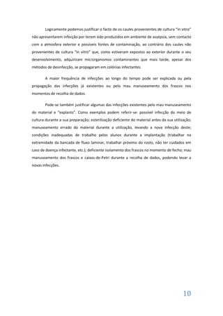 Logicamente podemos justificar o facto de os caules provenientes de cultura “in vitro”
não apresentarem infecção por terem sido produzidos em ambiente de assépsia, sem contacto
com a atmosfera exterior e possíveis fontes de contaminação, ao contrário dos caules não
provenientes de cultura “in vitro” que, como estiveram expostos ao exterior durante o seu
desenvolvimento, adquiriram microrganismos contaminantes que mais tarde, apesar dos
métodos de desinfecção, se propagaram em colónias infectantes.
A maior frequência de infecções ao longo do tempo pode ser explicada ou pela
propagação das infecções já existentes ou pelo mau manuseamento dos frascos nos
momentos de recolha de dados.
Pode-se também justificar algumas das infecções existentes pelo mau manuseamento
do material e “explants”. Como exemplos podem referir-se: possível infecção do meio de
cultura durante a sua preparação; esterilização deficiente do material antes da sua utilização;
manuseamento errado do material durante a utilização, levando a nova infecção deste;
condições inadequadas de trabalho pelos alunos durante a implantação (trabalhar na
extremidade da bancada de fluxo laminar, trabalhar próximo do rosto, não ter cuidados em
caso de doença infectante, etc.); deficiente isolamento dos frascos no momento de fecho; mau
manuseamento dos frascos e caixas-de-Petri durante a recolha de dados, podendo levar a
novas infecções.

10

 