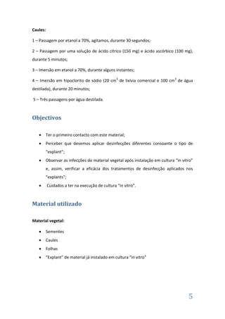 Caules:
1 – Passagem por etanol a 70%, agitamos, durante 30 segundos;
2 – Passagem por uma solução de ácido cítrico (150 mg) e ácido ascórbico (100 mg),
durante 5 minutos;
3 – Imersão em etanol a 70%, durante alguns instantes;
4 – Imersão em hipoclorito de sódio (20 cm3 de lixívia comercial e 100 cm3 de água
destilada), durante 20 minutos;
5 – Três passagens por água destilada.

Objectivos


Ter o primeiro contacto com este material;



Perceber que devemos aplicar desinfecções diferentes consoante o tipo de
“explant”;



Observar as infecções do material vegetal após instalação em cultura “in vitro”
e, assim, verificar a eficácia dos tratamentos de desinfecção aplicados nos
“explants”;



Cuidados a ter na execução de cultura “in vitro”.

Material utilizado
Material vegetal:


Sementes



Caules



Folhas



“Explant” de material já instalado em cultura “in vitro”

5

 