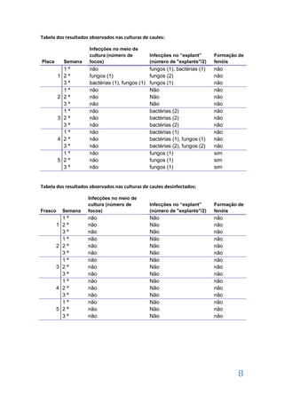 Tabela dos resultados observados nas culturas de caules:

Semana

Placa

1

2

3

4

5

Infecções no meio de
cultura (número de
focos)

Infecções no “explant”
(número de "explants"/2)

Formação de
fenóis

1ª
2ª
3ª
1ª
2ª
3ª
1ª
2ª
3ª
1ª
2ª
3ª
1ª
2ª
3ª

não
fungos (1)
bactérias (1), fungos (1)
não
não
não
não
não
não
não
não
não
não
não
não

fungos (1), bactérias (1)
fungos (2)
fungos (1)
Não
Não
Não
bactérias (2)
bactérias (2)
bactérias (2)
bactérias (1)
bactérias (1), fungos (1)
bactérias (2), fungos (2)
fungos (1)
fungos (1)
fungos (1)

não
não
não
não
não
não
não
não
não
não
não
não
sim
sim
sim

Tabela dos resultados observados nas culturas de caules desinfectados:

Frasco

Semana

1ª
1 2ª
3ª
1ª
2 2ª
3ª
1ª
3 2ª
3ª
1ª
4 2ª
3ª
1ª
5 2ª
3ª

Infecções no meio de
cultura (número de
focos)

Infecções no “explant”
(número de "explants"/2)

Formação de
fenóis

não
não
não
não
não
não
não
não
não
não
não
não
não
não
não

Não
Não
Não
Não
Não
Não
Não
Não
Não
Não
Não
Não
Não
Não
Não

não
não
não
não
não
não
não
não
não
não
não
não
não
não
não

8

 