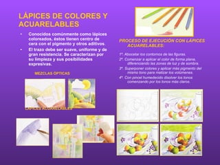 LÁPICES DE COLORES Y  ACUARELABLES <ul><li>Conocidos comúnmente como lápices coloreados, éstos tienen centro de cera con e...