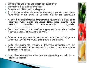






Verde é fresco e fresco pode ser calmante
Vermelho é paixão e emoção
O preto é sofisticado e elegante
Azul é um inibidor de apetite natural, uma vez que pode
fazer-nos olhar para a comida de forma apetitosa
A cor é especialmente importante quando se lida com
legumes. Aqui estão algumas dicas para manter em
mente
quando
empratamos
vegetais:



Branqueamento das verduras garante que eles estão
frescos e vibrante quando servido



Sempre complementar verduras com outros vegetais
coloridos, como cenoura, pimentão e beterraba





Evite agrupamento legumes devemos organiza-los de
forma mais natural em torno da prato para aumentar o
contraste em cores
Use diferentes cortes e formas de vegetais para adicionar
interesse visual

 