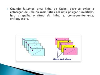 

Quando fatiamos uma linha de fatias, deve-se evitar a
colocação de uma ou mais fatias em uma posição "invertida".
Isso atrapalha o ritmo da linha, e, consequentemente,
enfraquece-a.

 