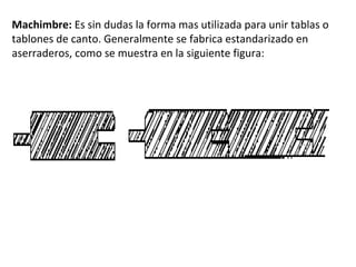 Machimbre: Es sin dudas la forma mas utilizada para unir tablas o tablones de canto. Generalmente se fabrica estandarizado en aserraderos, como se muestra en la siguiente figura: