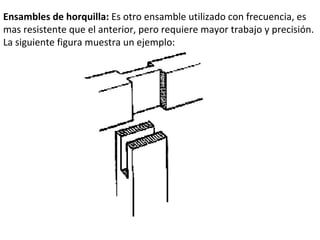 Ensambles de horquilla: Es otro ensamble utilizado con frecuencia, es mas resistente que el anterior, pero requiere mayor trabajo y precisión. La siguiente figura muestra un ejemplo:
