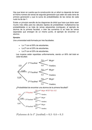 Hay que tener en cuenta que la construcción de un árbol no depende de tener
el mismo número de ramas de segunda generación que salen de cada rama de
primera generación y que la suma de probabilidades de las ramas de cada
nudo ha de dar 1.
Existe un principio sencillo de los diagramas de árbol que hace que éstos sean
mucho más útiles para los cálculos rápidos de probabilidad: multiplicamos las
probabilidades si se trata de ramas adyacentes (contiguas), el ejemplo de
alumna de la primera facultad, o bien las sumamos si se trata de ramas
separadas que emergen de un mismo punto, el ejemplo de encontrar un
alumno.
Ejemplos
Una universidad está formada por tres facultades:
 La 1ª con el 50% de estudiantes.
 La 2ª con el 25% de estudiantes.
 La 3ª con el 25% de estudiantes.
Las mujeres están repartidas uniformemente, siendo un 60% del total en
cada facultad.
¿Probabilidad de encontrar una alumna de la primera facultad?
 
