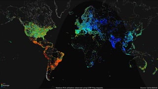 Internet Census 2012 – Carna Botnet
• Botnet “no maligna” utilizada para escanear todo Internet
• Utilizó 420,000 disposit...