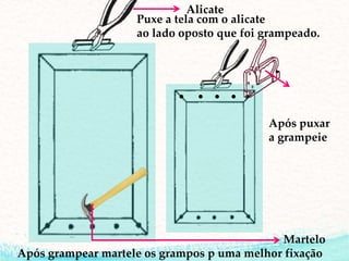 Alicate
Puxe a tela com o alicate
ao lado oposto que foi grampeado.
Após puxar
a grampeie
Martelo
Após grampear martele os grampos p uma melhor fixação
 
