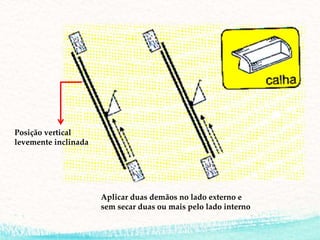 Posição vertical
levemente inclinada
Aplicar duas demãos no lado externo e
sem secar duas ou mais pelo lado interno
 