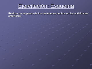 Ejercitación: Esquema<br />	Realizar un esquema de los resúmenes hechos en las actividades anteriores.<br />