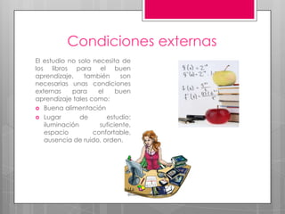 Condiciones externasEl estudio no solo necesita de los libros para el buen aprendizaje, también son necesarias unas condiciones externas para el buen aprendizaje tales como:Buena alimentaciónLugar de estudio: iluminación suficiente, espacio confortable, ausencia de ruido, orden.