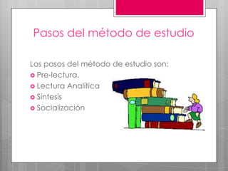 Pasos del método de estudioLos pasos del método de estudio son:Pre-lectura.Lectura AnalíticaSíntesisSocialización