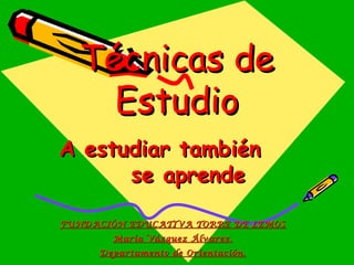Técnicas de
     Estudio
A estudiar también
      se aprende

FUNDACIÓN EDUCATIVA TORRE DE LEMOS
        María Vázquez Álvarez.
      Departamento de Orientación.
 