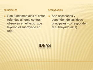 IDEAS
PRINCIPALES SECUNDARIAS
 Son fundamentales si están
referidas al tema central.
observen en el texto que
leyeron el subrayado en
rojo
 Son accesorios y
dependen de las ideas
principales (corresponden
al subrayado azul)
 