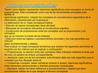 Tienen como objetivo representar relaciones significativas entre conceptos en forma de
proposiciones. Está considerado como una de las herramientas principales para
facilitar el
aprendizaje significativo: integrar los conceptos en una estructura organizativa de la
información, caracterizada por la jerarquía.
La elaboración de un mapa conceptual implica:
• Elección de signos conceptuales clave del texto.
• Búsqueda de conceptos relevantes en la estructura cognitiva.
• Construcción de proposiciones entre los conceptos que se proporcionan y los
conceptos
que ya se conocen (a través de los enlaces).
• Distinción entre los objetos o acontecimientos concretos y los más generales que
incluyan
estos acontecimientos u objetos.
Para evaluar un mapa conceptual tendremos que analizar los siguientes elementos de
acuerdo con los criterios que se explican a continuación:
— Proposiciones: la relación entre dos conceptos debe indicarse mediante la línea que
los une y la palabra de enlace correspondiente.
— Jerarquía: cada uno de los conceptos subordinados debe ser más específico que el
concepto que hay dibujado sobre él.
— Conexiones cruzadas: deben señalarse enlaces si existen relaciones significativas
entre elementos pertenecientes a distintas jerarquías conceptuales.
— Ejemplos: habrán de hacer referencia a acontecimientos u objetos que sean
concreciones válidas de lo que designa el término conceptual.

 
