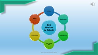 Ruth M. Arroyo González, M.Ed. 2
Seis
Técnicas
de Estudio
Subrayar
Anotaciones
Nemotécnicas
Leer en voz
alta
Calendarizar
Mapas
mentales
 