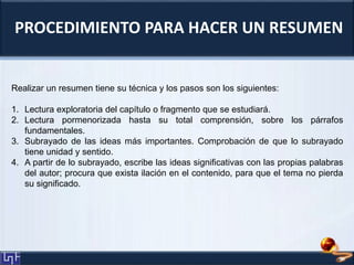 PROCEDIMIENTO PARA HACER UN RESUMEN
Realizar un resumen tiene su técnica y los pasos son los siguientes:
1. Lectura exploratoria del capítulo o fragmento que se estudiará.
2. Lectura pormenorizada hasta su total comprensión, sobre los párrafos
fundamentales.
3. Subrayado de las ideas más importantes. Comprobación de que lo subrayado
tiene unidad y sentido.
4. A partir de lo subrayado, escribe las ideas significativas con las propias palabras
del autor; procura que exista ilación en el contenido, para que el tema no pierda
su significado.
 
