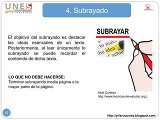 http://yrisruizunes.blogspot.com
12
El objetivo del subrayado es destacar
las ideas esenciales de un texto.
Posteriormente, al leer únicamente lo
subrayado se puede recordar el
contenido de dicho texto.
Abel Cortese
http://www.tecnicas-de-estudio.org )
LO QUE NO DEBE HACERSE:
Terminar subrayando media página o la
mayor parte de la página.
4. Subrayado
 
