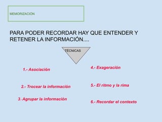 MEMORIZACIÓN




PARA PODER RECORDAR HAY QUE ENTENDER Y
RETENER LA INFORMACIÓN....
                            TÉCNICAS




      1.- Asociación                   4.- Exageración



     2.- Trocear la información        5.- El ritmo y la rima


   3.- Agrupar la información
                                       6.- Recordar el contexto
 