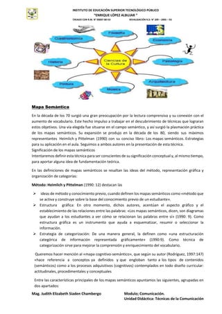 INSTITUTO DE EDUCACIÓN SUPERIOR TECNOLÓGICO PÚBLICO
“ENRIQUE LÓPEZ ALBUJAR “
CREADO CON R.M. N° 00007-80-ED REVALIDACIÓN R.D. N° 209 – 2005 – ED
Mag. Judith Elizabeth Siaden Chambergo Modulo; Comunicación.
Unidad Didáctica: Técnicas de la Comunicación
INSTITUTO
SUPERIOR
TECNOLÓGICO
PÚBLICO
Mapa Semántica
En la década de los 70 surgió una gran preocupación por la lectura comprensiva y su conexión con el
aumento de vocabulario. Este hecho impulso a trabajar en el descubrimiento de técnicas que lograran
estos objetivos. Una vía elegida fue situarse en el campo semántico, y así surgió la plasmación práctica
de los mapas semánticos. Su expansión se produjo en la década de los 80, siendo sus máximos
representantes Heimlich y Pittelman (1990) con su conciso libro: Los mapas semánticos. Estrategias
para su aplicación en el aula. Seguimos a ambos autores en la presentación de esta técnica.
Significación de los mapas semánticos
Intentaremos definir esta técnica para ser conscientes de su significación conceptual y, al mismo tiempo,
para aportar alguna idea de fundamentación teórica.
En las definiciones de mapas semánticos se resaltan las ideas del método, representación gráfica y
organización de categorías:
Método: Heimlich y Pittelman (1990: 12) destacan las
 ideas de método y conocimiento previo, cuando definen los mapas semánticos como «método que
se activa y construye sobre la base del conocimiento previo de un estudiante».
 Estructura gráfica: En otro momento, dichos autores, acentúan el aspecto gráfico y el
establecimiento de las relaciones entre las palabras: «Los mapas semánticos, dicen, son diagramas
que ayudan a los estudiantes a ver cómo se relacionan las palabras entre sí» (1990: 9). Como
estructura gráfica es un instrumento que ayuda a esquematizar, resumir o seleccionar la
información.
 Estrategia de categorización: De una manera general, la definen como «una estructuración
categórica de información representada gráficamente» (1990:9). Como técnica de
categorización sirve para mejorar la comprensión y enriquecimiento del vocabulario.
Queremos hacer mención al «mapa cognitivo-semántico», que según su autor (Rodríguez, 1997:147)
«hace referencia a conceptos ya definidos y que engloban tanto a los tipos de contenidos
(semánticos) como a los procesos adquisitivos (cognitivos) contemplados en todo diseño curricular:
actitudinales, procedimentales y conceptuales
Entre las características principales de los mapas semánticos apuntamos las siguientes, agrupadas en
dos apartados:
 