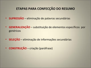 ETAPAS PARA CONFECÇÃO DO RESUMO SUPRESSÃO  – eliminação de palavras secundárias GENERALIZAÇÃO  – substituição de elementos específicos  por genéricos SELEÇÃO  – eliminação de informações secundárias CONSTRUÇÃO  – criação (paráfrase) 
