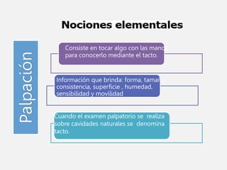 Cuando el examen palpatorio se realiza
sobre cavidades naturales se denomina
tacto.
Información que brinda: forma, tamaño,
consistencia, superficie , humedad,
sensibilidad y movilidad
Consiste en tocar algo con las manos
para conocerlo mediante el tacto.
Palpación
 