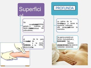 Superfici
al
Se
considerará
n
estado y
sensibilidad
l
a sensibilidad
cutánea, el
del
tejido celular
subcutáneo,
el
estad
o
de la
de
la
s
muscular
,
herniaria
s
y
lo
s
pare
d
zonas
reflejo
s
cutáneos
abdominales.
PROFUNDA
La palma de la
mano
derecha y a veces la
izquierda colocada
sobre
ella para reforzar la
maniobra
.
Se ejerce presión en
forma muy gradual y
firme, pero
guardando las
debidas
precauciones parano
causar al paciente
molestias excesivas
 