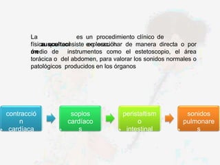 contracció
n
cardíaca
soplos
cardíaco
s
peristaltism
o
intestinal
sonidos
pulmonare
s
La
auscultaci
ón
es un procedimiento clínico de
exploración
física que consiste en escuchar de manera directa o por
medio de instrumentos como el estetoscopio, el área
torácica o del abdomen, para valorar los sonidos normales o
patológicos producidos en los órganos
 