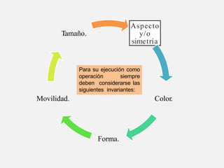 Aspecto
y/o
simetría
Color.
Forma.
Movilidad.
Tamaño.
Para su ejecución como
operación siempre
deben considerarse las
siguientes invariantes:
 