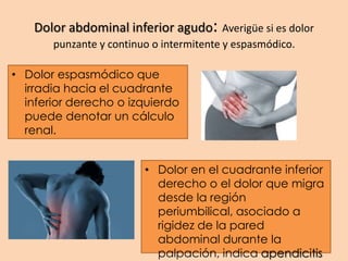 Dolor abdominal inferior agudo: Averigüe si es dolor
punzante y continuo o intermitente y espasmódico.
• Dolor en el cuadrante inferior
derecho o el dolor que migra
desde la región
periumbilical, asociado a
rigidez de la pared
abdominal durante la
palpación, indica apendicitis
• Dolor espasmódico que
irradia hacia el cuadrante
inferior derecho o izquierdo
puede denotar un cálculo
renal.
 