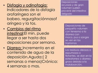 • Disfagia y odinofagia:
Indicadores de la disfagia
orofaríngea son el
babeo, regurgitaciónnasof
aríngea y la tos.
• Cambios del ritmo
intestinal:El min. puede
llegar a ser hasta dos
deposiciones por semana.
• Diarrea: Incremento en el
contenido de agua de la
deposición.Aguda:( 2
semanas o menos)Crónica:
4 semanas o mas.
Deposiciones
acuosas y de gran
volumen suelen
provenir del intestino
delgado
Deposiciones de
pequeño volumen
con tenesmo o la
diarrea con
moco, pus o sangre
se ven en los
trastornos
inflamatorios rectales.
Los residuos oleosos o
espumosos o
flotantes, se dan en la
esteatorrea o diarrea
grasa debida a la
malabsorción.
 