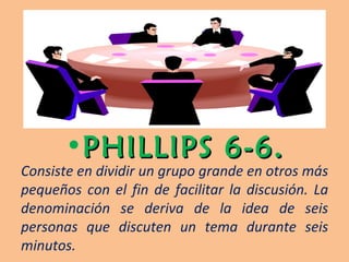 PHILLIPS 6-6. Consiste en dividir un grupo grande en otros más pequeños con el fin de facilitar la discusión. La denominación se deriva de la idea de seis personas que discuten un tema durante seis minutos. 