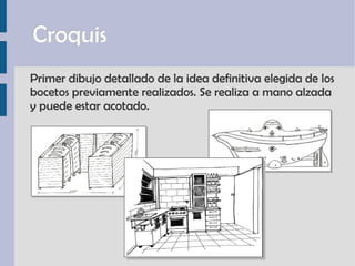 Croquis Primer dibujo detallado de la idea definitiva elegida de los  bocetos previamente realizados. Se realiza a mano al...