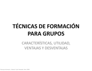 TÉCNICAS DE FORMACIÓN
                               PARA GRUPOS
                                             CARACTERÍSTICAS, UTILIDAD,
                                              VENTAJAS Y DESVENTAJAS




Técnicas de formación – Eduardo Trujillo Hernández. Enero 2008
 