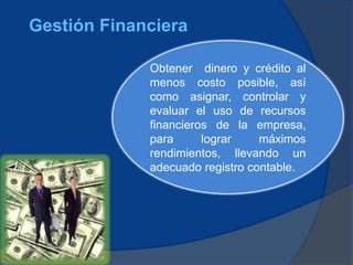 Gestión Financiera
Obtener dinero y crédito al
menos costo posible, así
como asignar, controlar y
evaluar el uso de recursos
financieros de la empresa,
para lograr máximos
rendimientos, llevando un
adecuado registro contable.
 