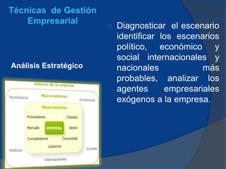 Técnicas de Gestión
Empresarial
Análisis Estratégico
Diagnosticar el escenario
identificar los escenarios
político, económico y
social internacionales y
nacionales más
probables, analizar los
agentes empresariales
exógenos a la empresa.
 