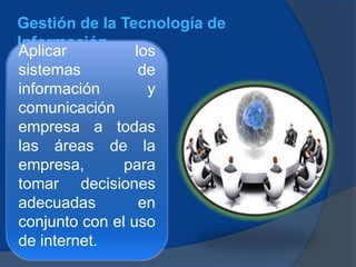 Gestión de la Tecnología de
Información
Aplicar los
sistemas de
información y
comunicación
empresa a todas
las áreas de la
empresa, para
tomar decisiones
adecuadas en
conjunto con el uso
de internet.
 