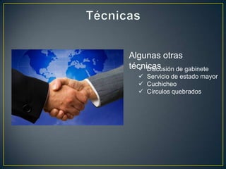  Discusión de gabinete
 Servicio de estado mayor
 Cuchicheo
 Círculos quebrados
Algunas otras
técnicas
 