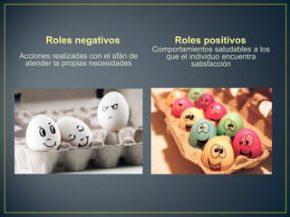 Acciones realizadas con el afán de
atender la propias necesidades
Comportamientos saludables a los
que el individuo encuentra
satisfacción
Roles negativos Roles positivos
 