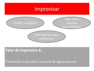 Improvisar
Falar sobre
Enrolar o público assuntos
desconhecidos
Falar sem ler o que
está escrito
Falar de Improviso é:
É transmitir a sua ideia a respeito de algum assunto