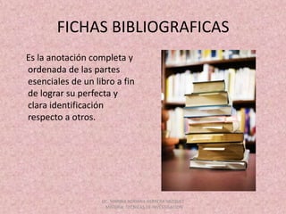 FICHAS BIBLIOGRAFICAS    Es la anotación completa y ordenada de las partes esenciales de un libro a fin de lograr su perfecta y clara identificación respecto a otros.LIC. MARINA ADRIANA HERRERA VAZQUEZ , MATERIA: TECNICAS DE INVESTIGACION