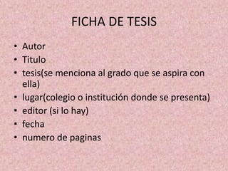FICHA DE TESISAutor Titulo tesis(se menciona al grado que se aspira con ella) lugar(colegio o institución donde se presenta) editor (si lo hay) fecha numero de paginas
